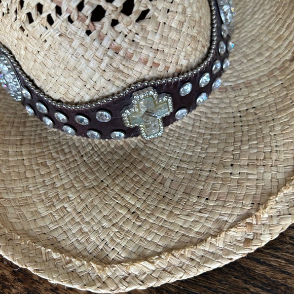 Western Cowgirl Raffa Straw Hat Band Rhinestone Cross Y2K Cowboy Boho Medium - Picture 5 of 11
